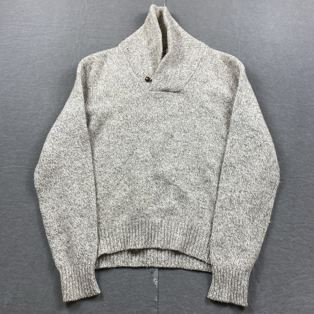 Vintage LL Bean Sweater Mens Large Beige Wool Blend Knit Pullover Shawl Collar